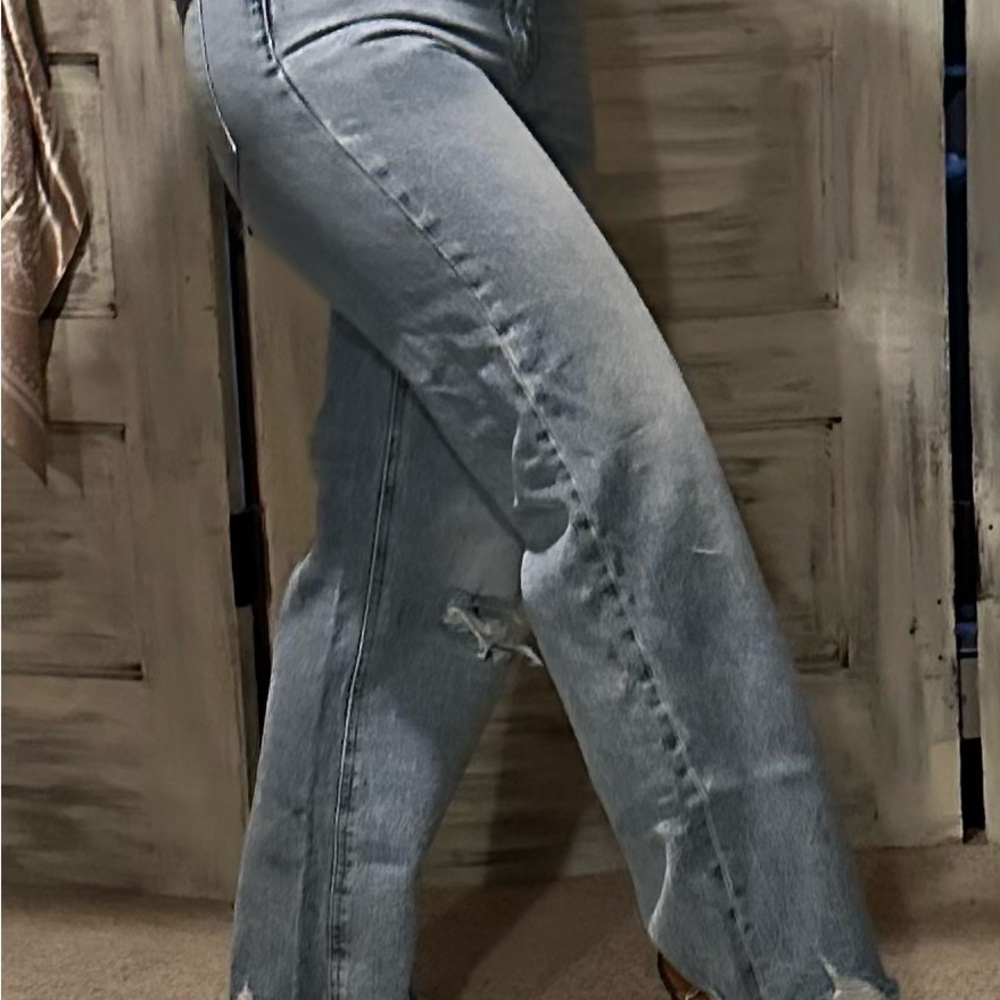 Blue Flare Wide Leg Jeans with Natural Distressing